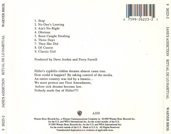 Jane's Addiction - Ritual De Lo Habitual (CD, Album, RP, SRC) (Very Good Plus (VG+)) - Image 2