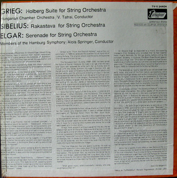 Jean Sibelius, Edvard Grieg, Sir Edward Elgar - Rakastava For String Orchestra / Holberg Suite For String Orchestra / Serenade For String Orchestra (LP, Dol) (Near Mint (NM or M-)) - Image 2
