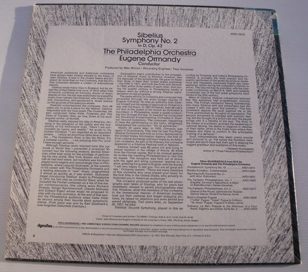 Jean Sibelius - Eugene Ormandy, The Philadelphia Orchestra - Symphony No. 2 (LP, Quad) (Very Good (VG)) - Image 2