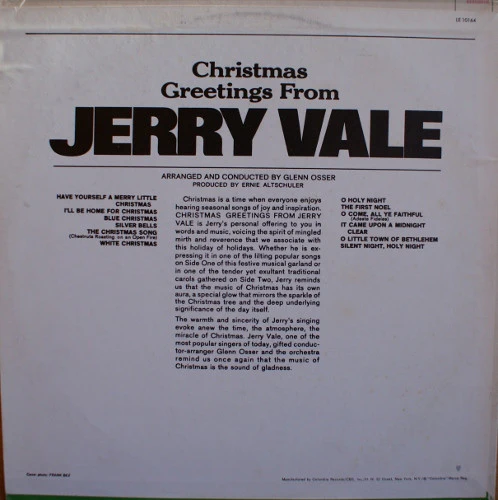 Jerry Vale - Christmas Greetings From Jerry Vale (LP, Album, RE) (Very Good Plus (VG+)) - Image 2