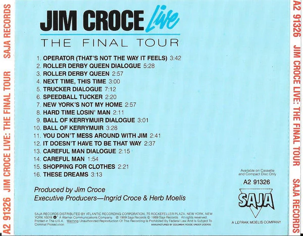 Jim Croce - Jim Croce Live: The Final Tour (CD, Album, Club) (Very Good Plus (VG+)) - Image 3
