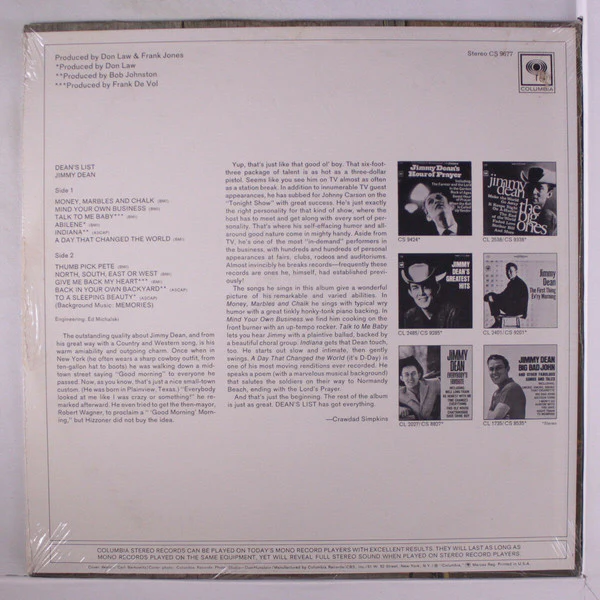 Jimmy Dean - Dean's List (LP, Album) (Very Good Plus (VG+)) - Image 2