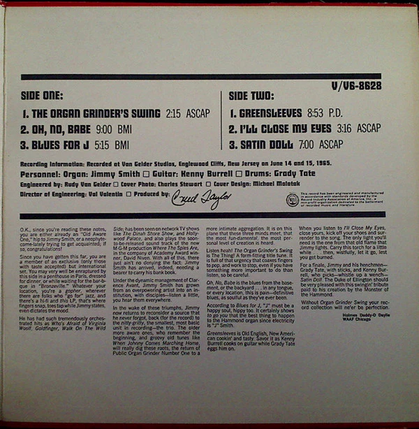 Jimmy Smith Featuring Kenny Burrell And Grady Tate - Organ Grinder Swing (LP, Album, Gat) (Very Good Plus (VG+)) - Image 4