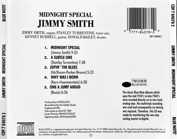 Jimmy Smith - Midnight Special (CD, Album, RE) (Very Good Plus (VG+)) - Image 2