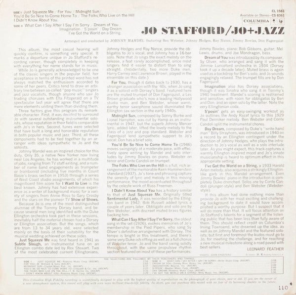 Jo Stafford - Jo + Jazz (LP, Album, Mono) (Very Good (VG)) - Image 2
