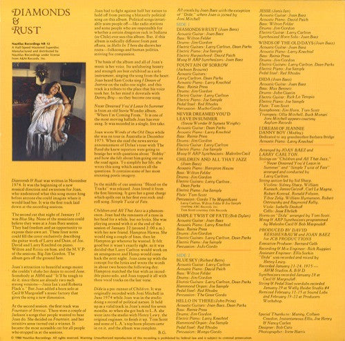 Joan Baez - Diamonds & Rust (LP, Album) (Near Mint (NM or M-)) - Image 2