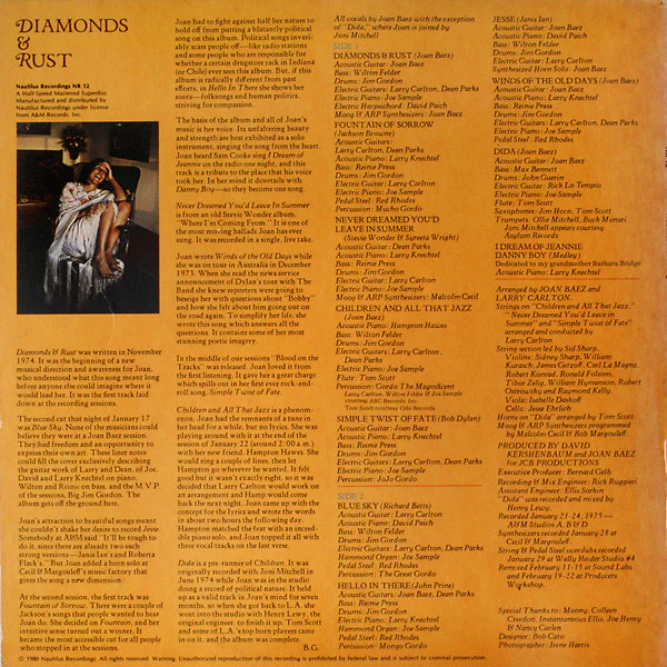 Joan Baez - Diamonds & Rust (LP, Album) (Near Mint (NM or M-)) - Image 4