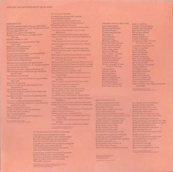 Joan Baez - Diamonds & Rust (LP, Album, Pit) (Very Good Plus (VG+)) - Image 5