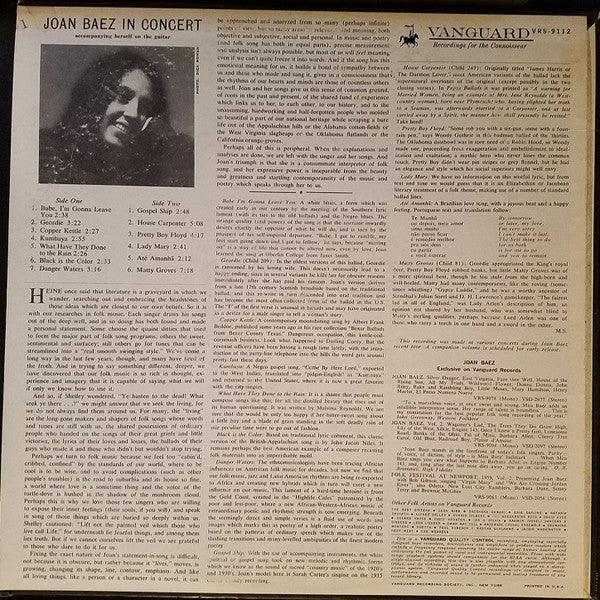 Joan Baez - In Concert (LP, Album, Mono, No ) (Very Good Plus (VG+)) - Image 2