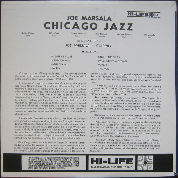 Joe Marsala - Chicago Jazz (LP, Album) (Very Good (VG)) - Image 2