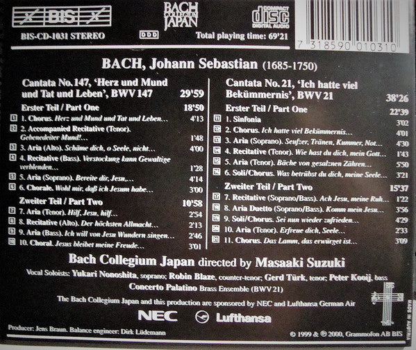 Johann Sebastian Bach, Bach Collegium Japan, Masaaki Suzuki - Cantatas 12 : BWV 147 Herz Und Mund Tat Und Leben - BWV 21 Ich Hatte Viel Bekümmernis ( Leipzig Version ) (CD) (Very Good Plus (VG+)) - Image 2