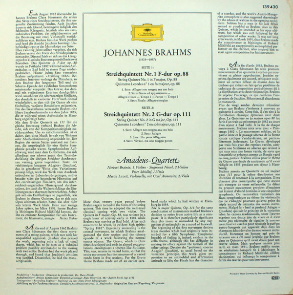 Johannes Brahms - Amadeus-Quartett, Cecil Aronowitz - Streichquintette Nr. 1 F-Dur Und Nr. 2 G-Dur / String Quintets In F Major And In G Major / Quintettes Pour En FA Majeur Et En Sol Majeur (LP, RE) (Near Mint (NM or M-)) - Image 2