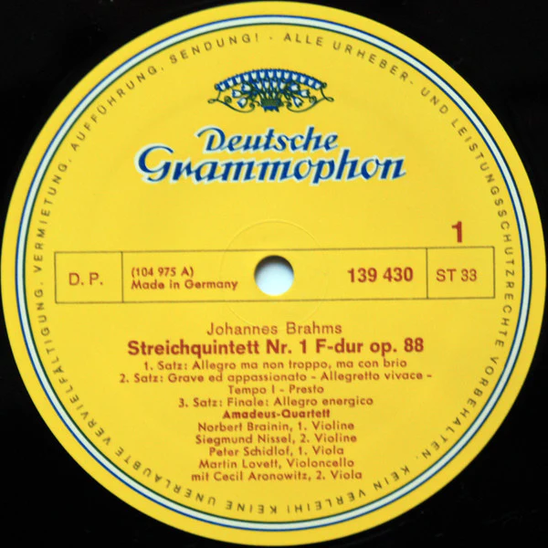 Johannes Brahms - Amadeus-Quartett, Cecil Aronowitz - Streichquintette Nr. 1 F-Dur Und Nr. 2 G-Dur / String Quintets In F Major And In G Major / Quintettes Pour En FA Majeur Et En Sol Majeur (LP, RE) (Near Mint (NM or M-)) - Image 3