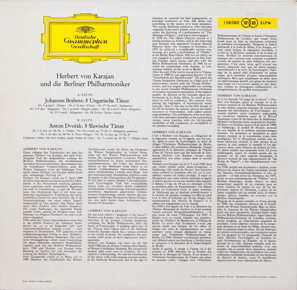 Johannes Brahms, AntonÃn Dvořák / Berliner Philharmoniker, Herbert von Karajan - 8 Ungarische Tänze • 5 Slawische Tänze = 8 Hungarian Dance • 5 Slavonic Dances = 8 Danses Hongroises • 5 Danses Slaves (LP, RE) (Near Mint (NM or M-)) - Image 2
