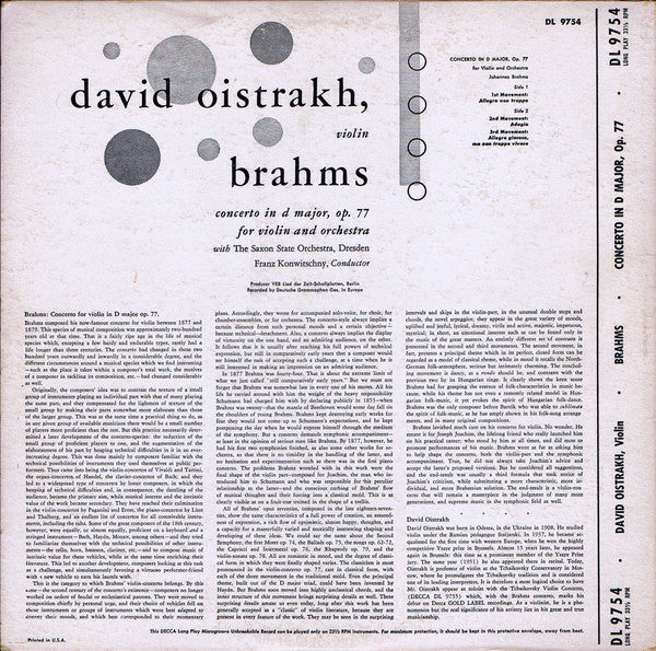 Johannes Brahms / David Oistrach, Staatskapelle Dresden, Franz Konwitschny - Concerto For Violin And Orchestra In D Major Op 77 (LP, Mono) (Near Mint (NM or M-)) - Image 2