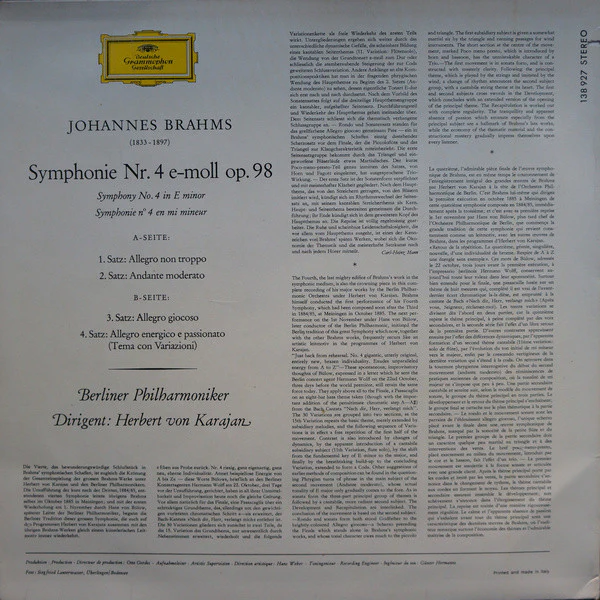 Johannes Brahms, Herbert von Karajan, Berliner Philharmoniker - Symphonie Nr. 4 (LP, RP) (Near Mint (NM or M-)) - Image 2