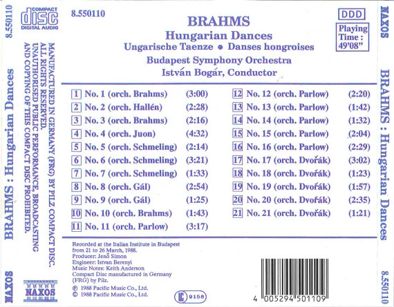 Johannes Brahms, István Bogár, Budapest Symphony Orchestra - Hungarian Dances Nos. 1 - 21 (CD, Album) (Near Mint (NM or M-)) - Image 2