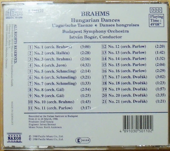 Johannes Brahms, István Bogár, Budapest Symphony Orchestra - Hungarian Dances Nos. 1 - 21 (CD, Album) (Near Mint (NM or M-)) - Image 4