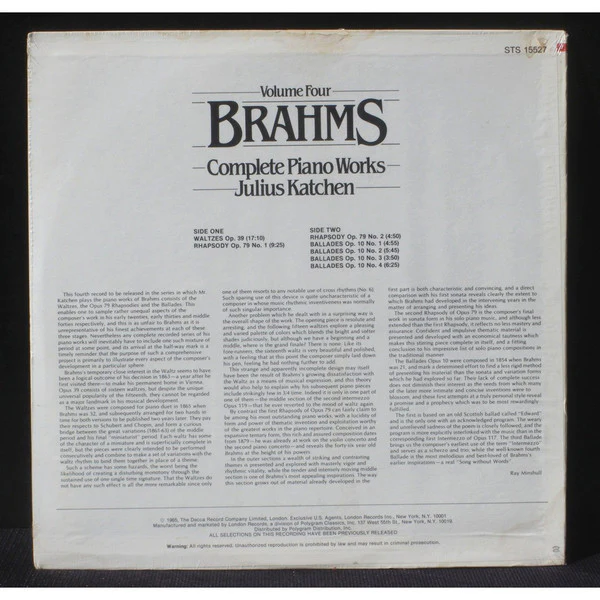Johannes Brahms, Julius Katchen - The Complete Piano Works Vol. 4 (LP, Album, RE) (Very Good Plus (VG+)) - Image 2