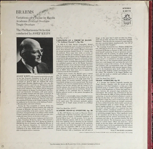 Johannes Brahms, Philharmonia Orchestra, Josef Krips - Variations On A Theme By Haydn / Academic Festival Overture / Tragic Overture (LP) (Near Mint (NM or M-)) - Image 2