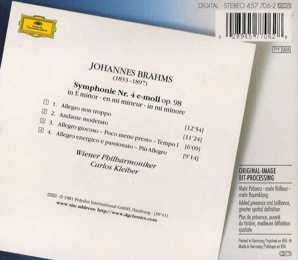Johannes Brahms – Wiener Philharmoniker, Carlos Kleiber - Symphonie No. 4 (CD, Album, RE, RM) (Very Good Plus (VG+)) - Image 2