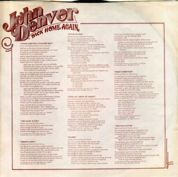 John Denver - Back Home Again (LP, Album, Ind) (Very Good Plus (VG+)) - Image 4