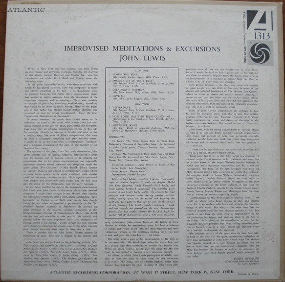John Lewis - Improvised Meditations & Excursions (LP, Album, Mono) (Very Good Plus (VG+)) - Image 2