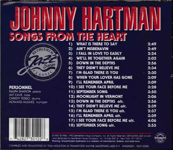 Johnny Hartman - Songs From The Heart (CD, Album, RE, RM) (Very Good Plus (VG+)) - Image 2
