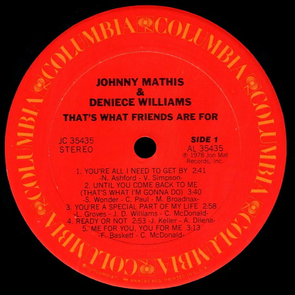 Johnny Mathis & Deniece Williams - That's What Friends Are For (LP, Album) (Near Mint (NM or M-)) - Image 3