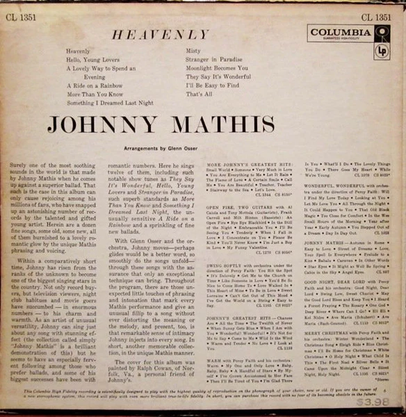 Johnny Mathis - Heavenly (LP, Album, Mono, Ter) (Near Mint (NM or M-)) - Image 2