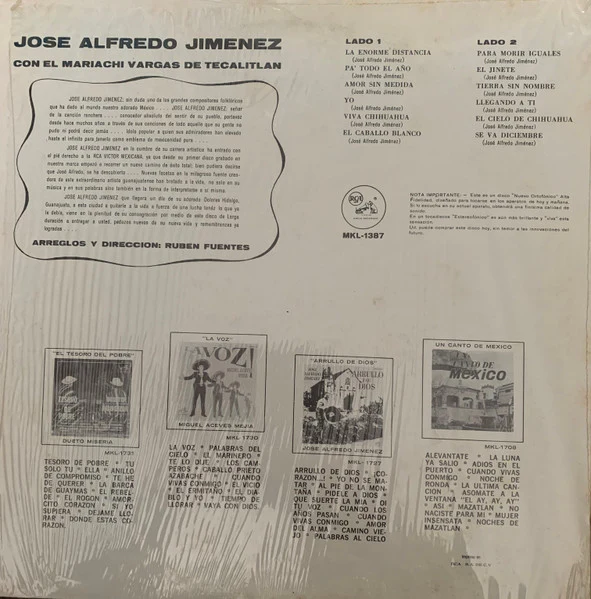 José Alfredo Jiménez - La Enorme Distancia (LP, Album) (Very Good Plus (VG+)) - Image 2
