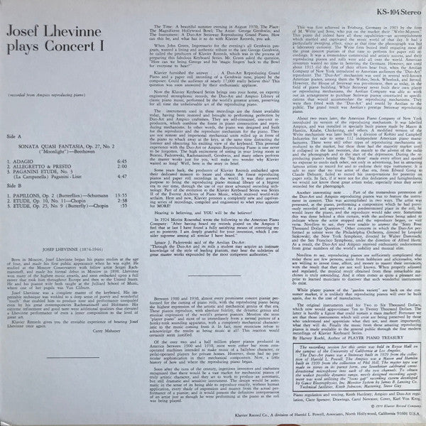 Josef Lhevinne - Josef Lhevinne Plays Concert I (LP, Album) (Very Good Plus (VG+)) - Image 2