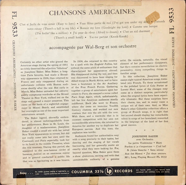 Josephine Baker - Chansons Américaines (10", Album) (Very Good Plus (VG+)) - Image 2