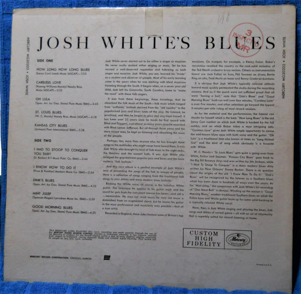 Josh White - Josh White's Blues (LP, Mono) (Very Good (VG)) - Image 2