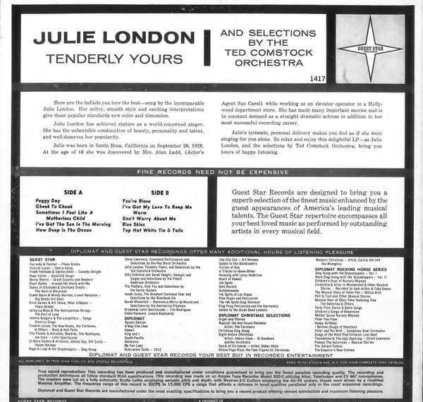 Julie London And Selections By The Ted Comstock Orchestra - Tenderly Yours (LP, Album, Mono) (Very Good Plus (VG+)) - Image 2