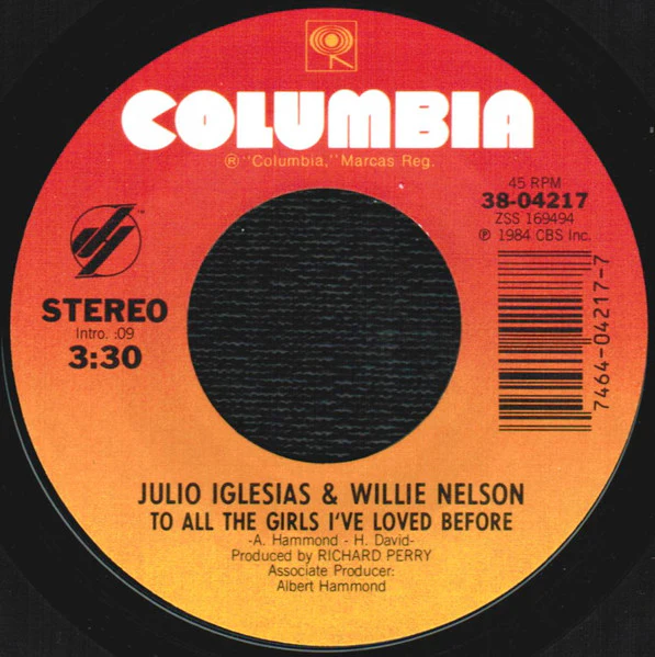 Julio Iglesias & Willie Nelson - To All The Girls I've Loved Before (7", Single, Styrene, Pit) (Near Mint (NM or M-)) - Image 3