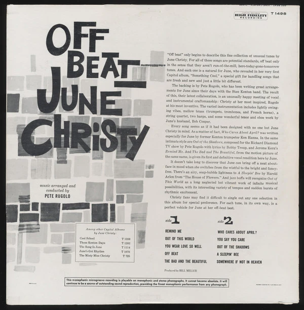 June Christy - Off Beat (LP, Album, Mono) (Very Good (VG)) - Image 2