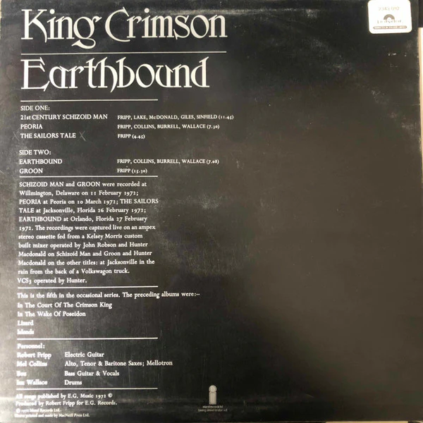 King Crimson - Earthbound (LP, Album) (Very Good (VG)) - Image 2