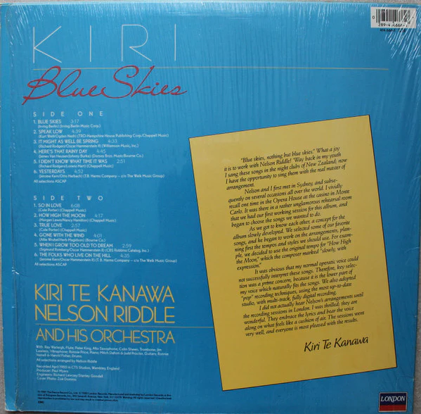 Kiri Te Kanawa - Nelson Riddle And His Orchestra - Blue Skies (LP, Club) (Near Mint (NM or M-)) - Image 2