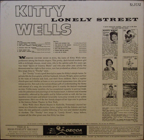 Kitty Wells - Lonely Street (LP, Mono) (Very Good (VG)) - Image 2
