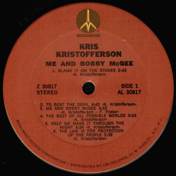 Kris Kristofferson - Me And Bobby McGee (LP, Album, RE, Pit) (Near Mint (NM or M-)) - Image 3