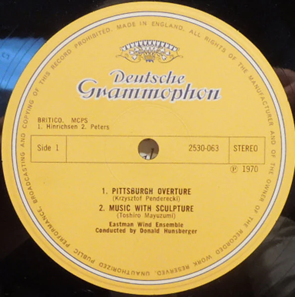 Krzysztof Penderecki / Toshiro Mayuzumi / John Williams - Eastman Wind Ensemble, Donald Hunsberger - Pittsburgh Overture / Music With Sculpture / Sinfonietta For Wind Ensemble (LP, RP) (Near Mint (NM or M-)) - Image 3