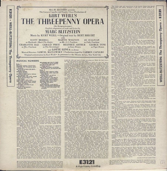 Kurt Weill, Marc Blitzstein - The Threepenny Opera (Die Dreigroschenoper) (LP, Album, Mono, MGM) (Very Good Plus (VG+)) - Image 2
