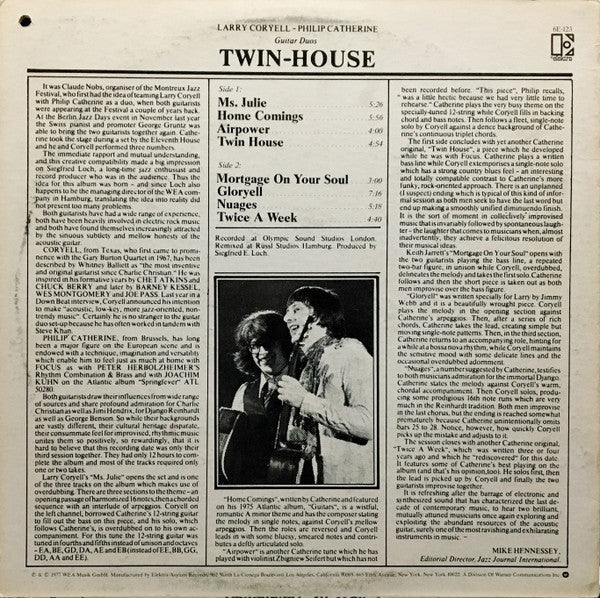 Larry Coryell - Philip Catherine - Twin-House (LP, Album, Promo, Spe) (Very Good Plus (VG+)) - Image 2