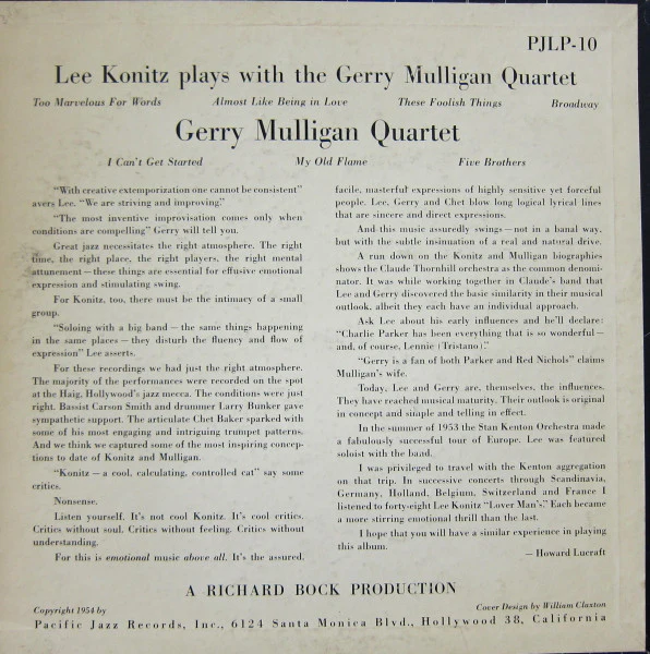 Lee Konitz And Gerry Mulligan Quartet - Lee Konitz And The Gerry Mulligan Quartet (10", Mono) (Very Good Plus (VG+)) - Image 2