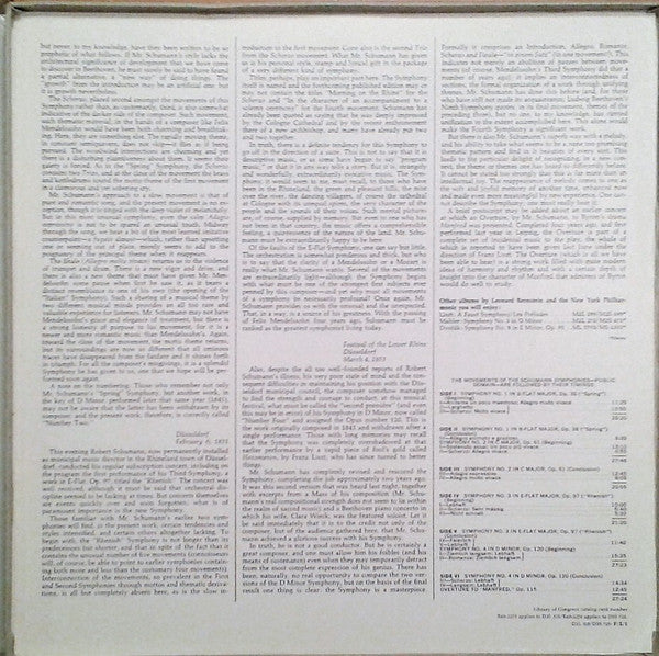 Leonard Bernstein, The New York Philharmonic Orchestra, Robert Schumann - Robert Schumann The Four Symphonies (3xLP, Album, Box) (Very Good (VG)) - Image 3
