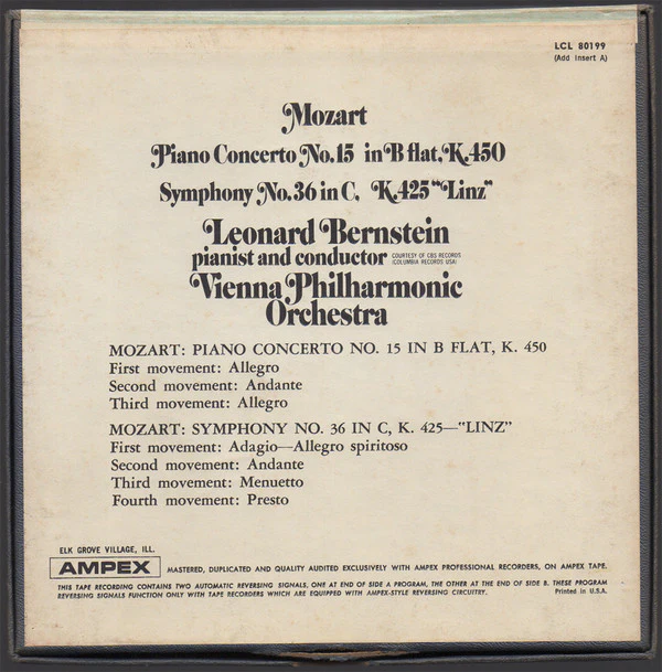 Leonard Bernstein / Vienna Philharmonic Orchestra* / Mozart* - Piano Concerto No. 15 In B Flat , K. 450 / Symphony No. 36 In C, K. 425 "Linz" (Reel, 4tr Stereo, 7" Reel) (Very Good Plus (VG+)) - Image 2