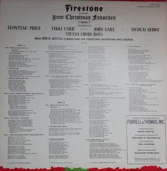 Leontyne Price, Vikki Carr, John Gary, Nicolai Gedda, Die Wiener Sängerknaben, The Firestone Orchestra And Chorus Conducted By Irwin Kostal - Firestone Presents Your Christmas Favorites Volume 7 (LP, Album, Ind) (Very Good Plus (VG+)) - Image 2