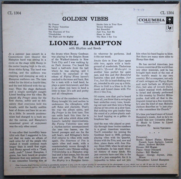 Lionel Hampton - Golden Vibes (LP, Album, Mono) (Near Mint (NM or M-)) - Image 2