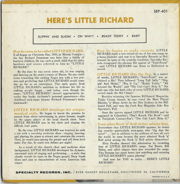 Little Richard - Here's Little Richard (7", EP) (Very Good Plus (VG+)) - Image 2